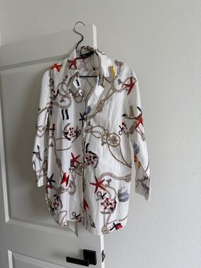 Zara White Button-Down Shirt with Red and Navy Nautical Print